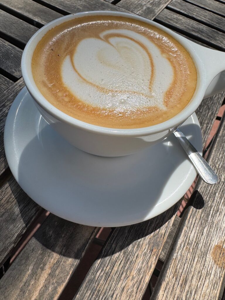 cup of temple coffee cappuccino in sunlight